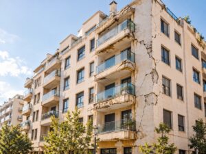 Deterioro y desprendimientos en el borde de un balcón de hormigón.
