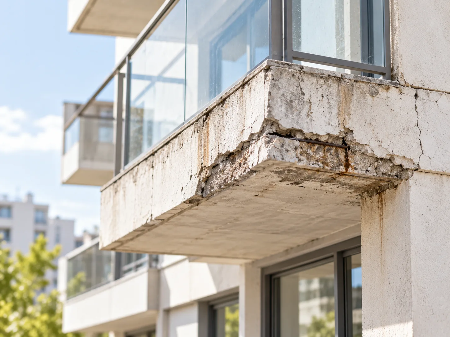 Deterioro y desprendimientos en el borde de un balcón de hormigón.