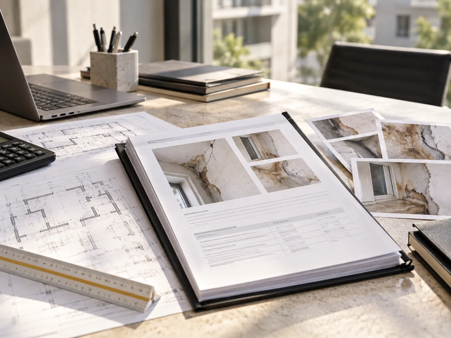 Documentación técnica y fotografías de daños de un inmueble sobre una mesa.
